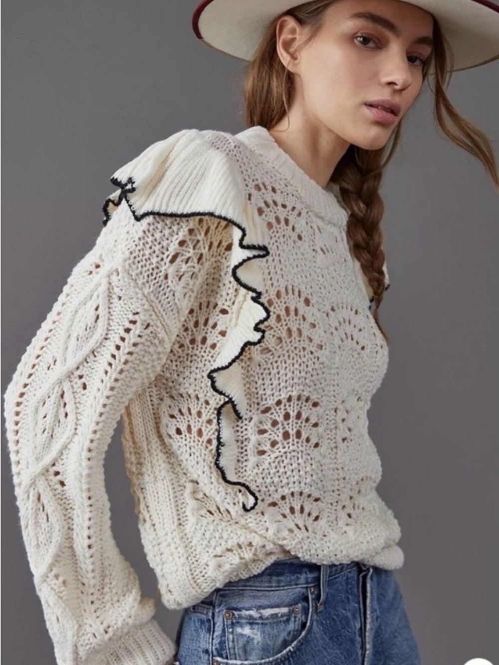 En Saison Cream Open-Knit Ruffle-Trim Sweater